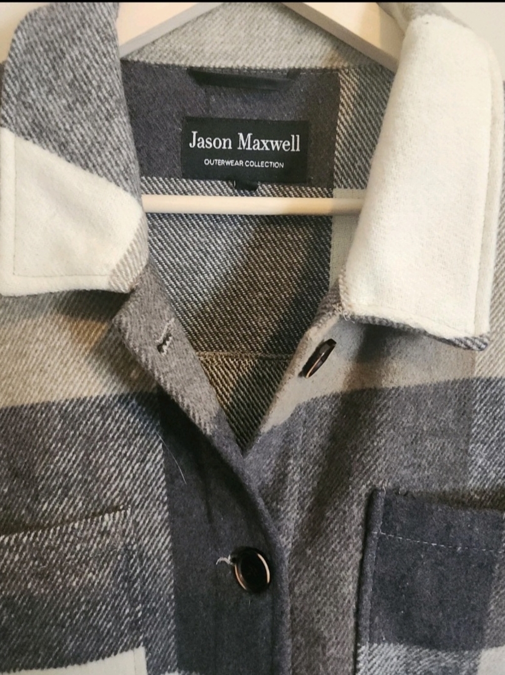 J49 Jason Maxwell Outerwear Collection- tan gray & cream plaid jacket w fringe - Picture 2 of 9